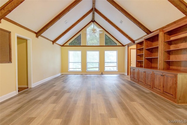 1245 Providence Rd, Titus, AL 36080 - unfurnished living room featuring light wood finished floors, beam ceiling, and high vaulted ceiling
