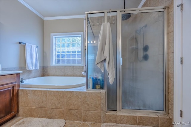 742 Mckeithen Pl, Millbrook, AL 36054 - full bath with a shower stall, a bath, vanity, and crown molding