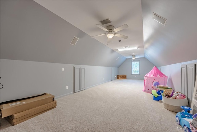 742 Mckeithen Pl, Millbrook, AL 36054 - playroom with ceiling fan, carpet flooring, and vaulted ceiling