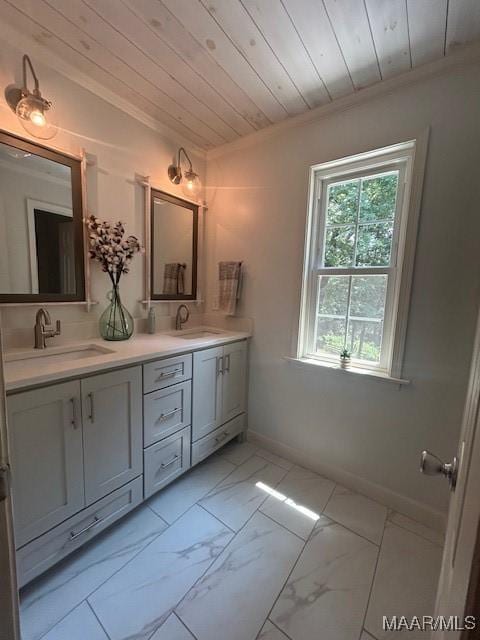124 Reid Cir, Deatsville, AL 36022 - full bath with crown molding, wood ceiling, double vanity, and marble look tiles