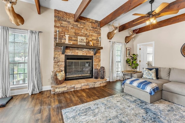 215 Hickory Rd, Titus, AL 36080 - living area featuring ceiling fan, plenty of natural light, wood finished floors, and beamed ceiling