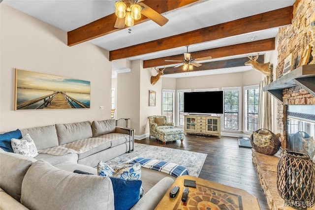 215 Hickory Rd, Titus, AL 36080 - living room featuring ceiling fan, wood finished floors, a fireplace, and beamed ceiling