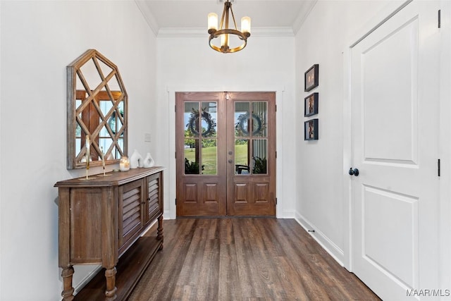 362 Driver Rd, Deatsville, AL 36022 - foyer entrance featuring dark wood-style floors, a chandelier, crown molding, and french doors