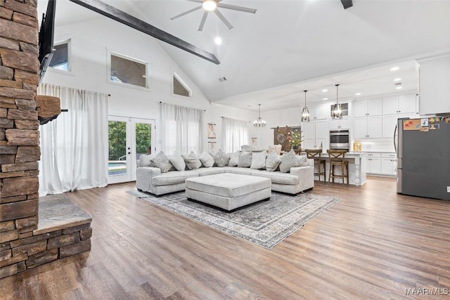 362 Driver Rd, Deatsville, AL 36022 - living room with a ceiling fan, high vaulted ceiling, wood finished floors, french doors, and recessed lighting