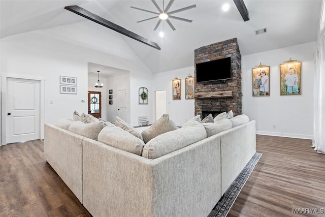 362 Driver Rd, Deatsville, AL 36022 - living area with a ceiling fan, dark wood-type flooring, a fireplace, and high vaulted ceiling