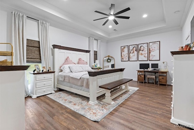 362 Driver Rd, Deatsville, AL 36022 - bedroom with a raised ceiling, wood finished floors, ornamental molding, an office area, and recessed lighting