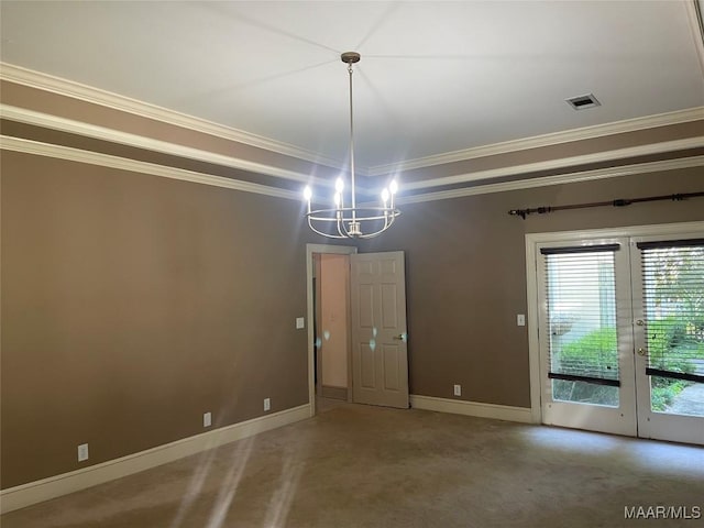9858 Wynchase Cir, Montgomery, AL 36117 - unfurnished dining area featuring ornamental molding, a chandelier, carpet, and french doors