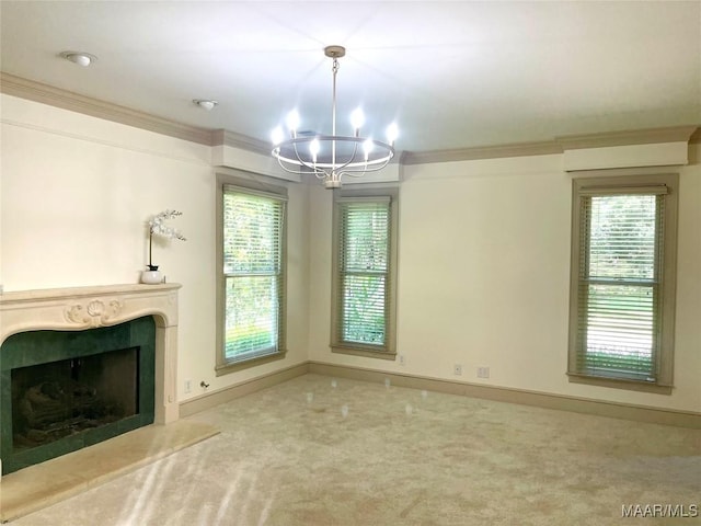 9858 Wynchase Cir, Montgomery, AL 36117 - unfurnished living room with carpet floors, a chandelier, ornamental molding, and a fireplace