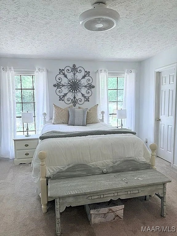 312 Rebekah Ln, Montgomery, AL 36109 - bedroom with light carpet, multiple windows, and a textured ceiling