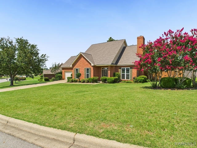 7467 Old Pump Rd, Montgomery, AL 36117 - view of front of property featuring an attached garage, driveway, a front lawn, a chimney, and brick siding