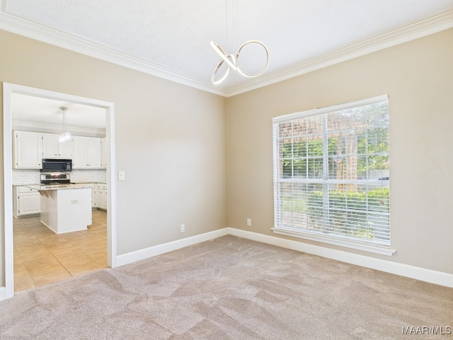 7467 Old Pump Rd, Montgomery, AL 36117 - spare room with crown molding, light carpet, a chandelier, and light tile patterned floors