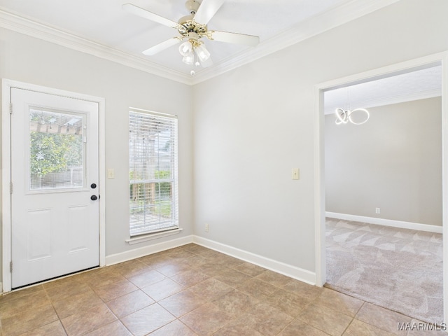 7467 Old Pump Rd, Montgomery, AL 36117 - entrance foyer featuring ornamental molding, a chandelier, light tile patterned flooring, and ceiling fan