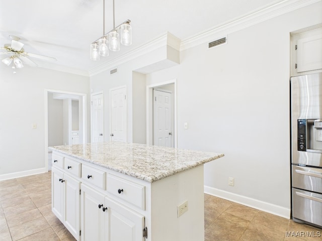 7467 Old Pump Rd, Montgomery, AL 36117 - kitchen with stainless steel fridge, crown molding, a ceiling fan, light tile patterned floors, and light stone counters