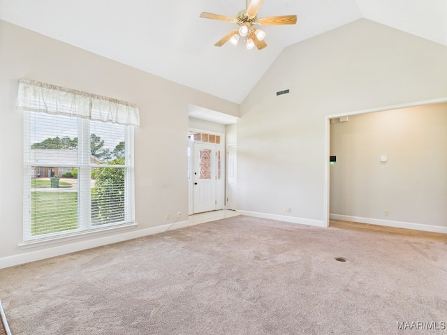 7467 Old Pump Rd, Montgomery, AL 36117 - empty room with a ceiling fan, light carpet, and high vaulted ceiling