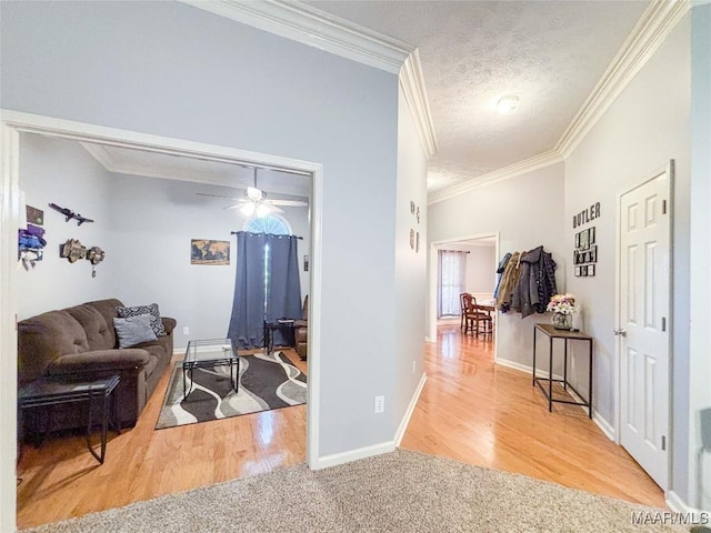 7908 Arrowhead Forest Ct, Montgomery, AL 36117 - hall with ornamental molding, wood finished floors, a textured ceiling, and carpet