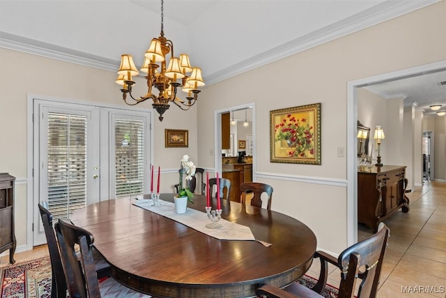 8872 Old Magnolia Way, Montgomery, AL 36116 - dining room with light tile patterned flooring, a chandelier, ornamental molding, and french doors