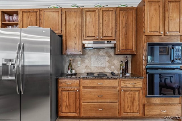 8872 Old Magnolia Way, Montgomery, AL 36116 - kitchen featuring black appliances, brown cabinets, dark stone countertops, tasteful backsplash, and under cabinet range hood