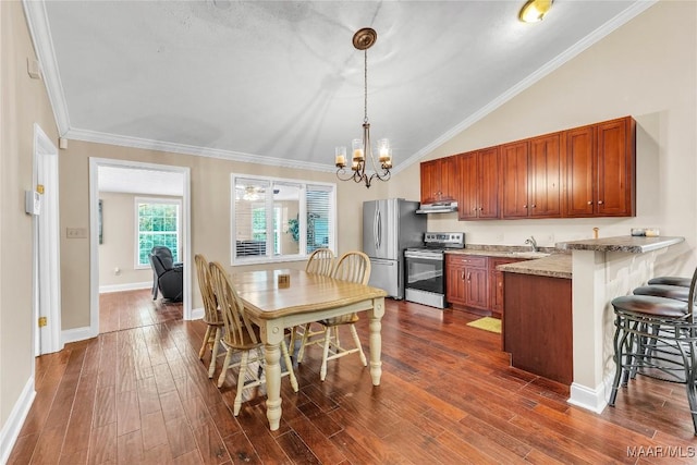 54 Pine Dr, Eclectic, AL 36024 - dining space featuring a chandelier, dark wood-type flooring, ornamental molding, and vaulted ceiling