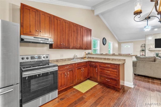 54 Pine Dr, Eclectic, AL 36024 - kitchen featuring appliances with stainless steel finishes, under cabinet range hood, open floor plan, a peninsula, and dark wood finished floors