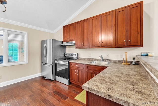 54 Pine Dr, Eclectic, AL 36024 - kitchen featuring stainless steel appliances, under cabinet range hood, crown molding, vaulted ceiling, and dark wood-style floors