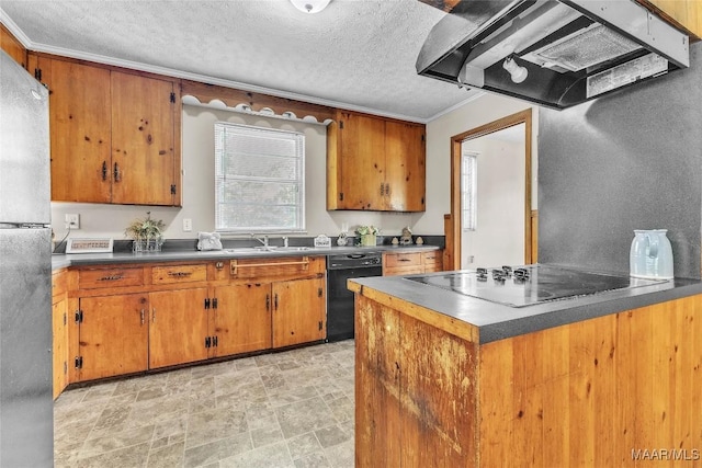 1422 Flamingo Ln, Montgomery, AL 36116 - kitchen with electric stovetop, extractor fan, dishwasher, freestanding refrigerator, and brown cabinets