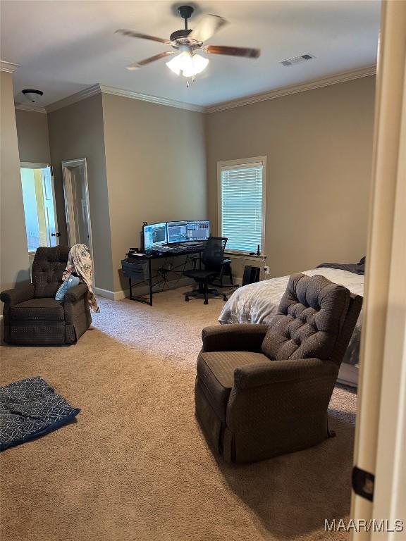 3701 Weston Pl, Montgomery, AL 36116 - home office featuring carpet floors, crown molding, and a ceiling fan