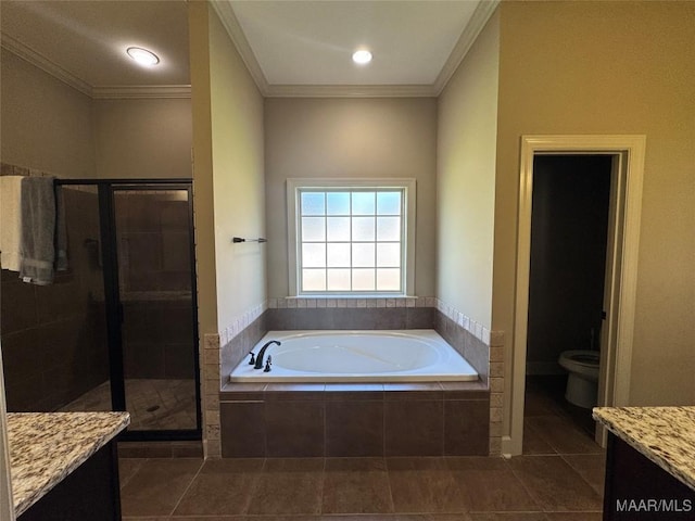 3701 Weston Pl, Montgomery, AL 36116 - full bathroom with vanity, a garden tub, a shower stall, tile patterned floors, and crown molding