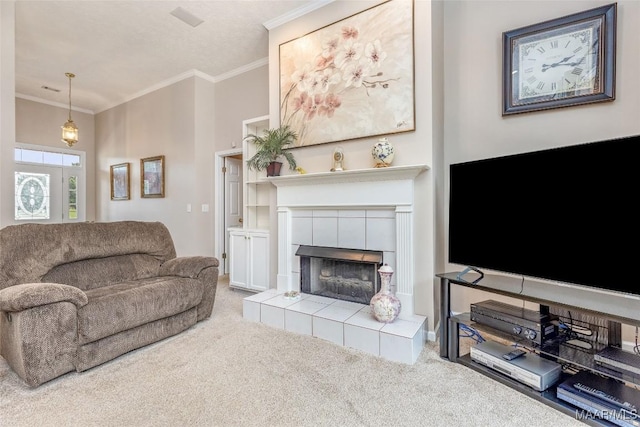 285 Cedar Ridge Dr, Wetumpka, AL 36093 - carpeted living room with ornamental molding and a tiled fireplace