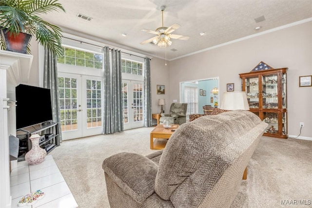 285 Cedar Ridge Dr, Wetumpka, AL 36093 - living area with french doors, carpet floors, a ceiling fan, and ornamental molding