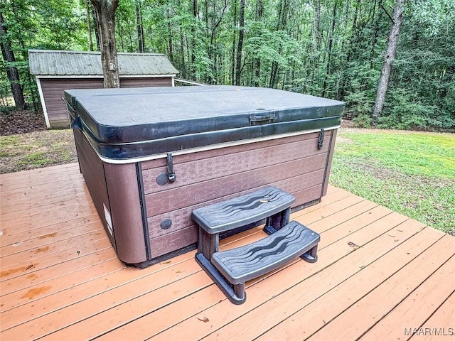 1267 County Road 85th Rd, Prattville, AL 36067 - wooden deck featuring a hot tub and a forest view