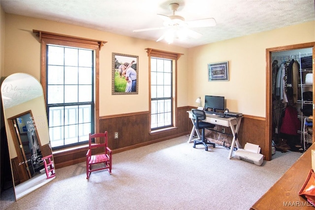 1267 County Road 85th Rd, Prattville, AL 36067 - carpeted office featuring wainscoting, a ceiling fan, wooden walls, and a textured ceiling