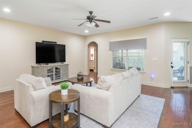 3915 Eagle Ridge Ln, Opelika, AL 36801 - living area featuring arched walkways, plenty of natural light, ceiling fan, wood finished floors, and recessed lighting