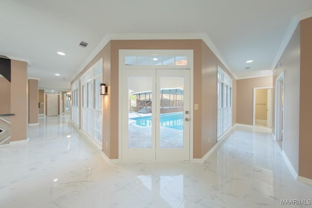 3505 Falcon Ridge Ct, Montgomery, AL 36111 - hallway with ornamental molding, recessed lighting, light marble finish flooring, and french doors