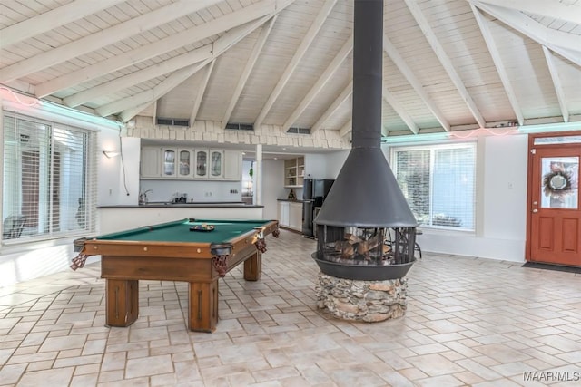 3900 Snowdoun Chambers Rd, Montgomery, AL 36116 - playroom with a wood stove, billiards, high vaulted ceiling, and a wood ceiling with exposed beams