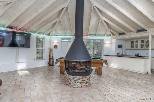 3900 Snowdoun Chambers Rd, Montgomery, AL 36116 - rec room with a wood stove, billiards table, and wood ceiling
