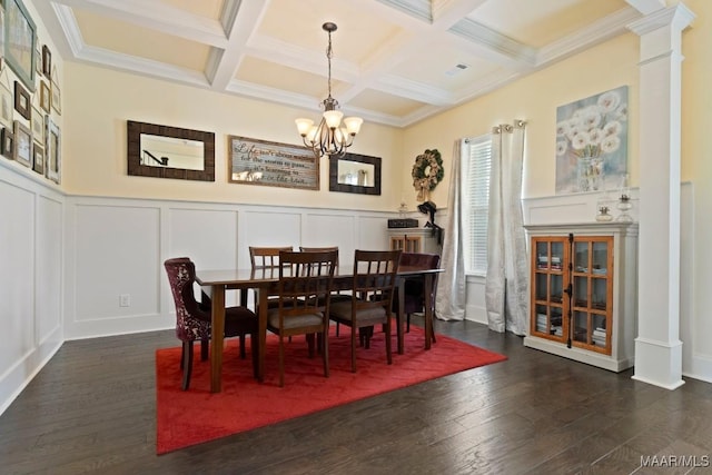 301 Eastgate Dr, Prattville, AL 36066 - dining space featuring ornate columns, a decorative wall, a chandelier, coffered ceiling, and beam ceiling