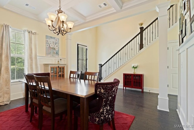 301 Eastgate Dr, Prattville, AL 36066 - dining area with dark wood-style floors, healthy amount of natural light, a chandelier, coffered ceiling, and beamed ceiling