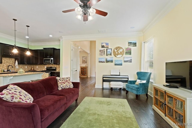301 Eastgate Dr, Prattville, AL 36066 - living area featuring crown molding, a ceiling fan, dark wood finished floors, and recessed lighting