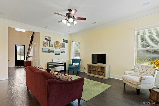 301 Eastgate Dr, Prattville, AL 36066 - living room featuring crown molding, ceiling fan, dark wood-style floors, and healthy amount of natural light