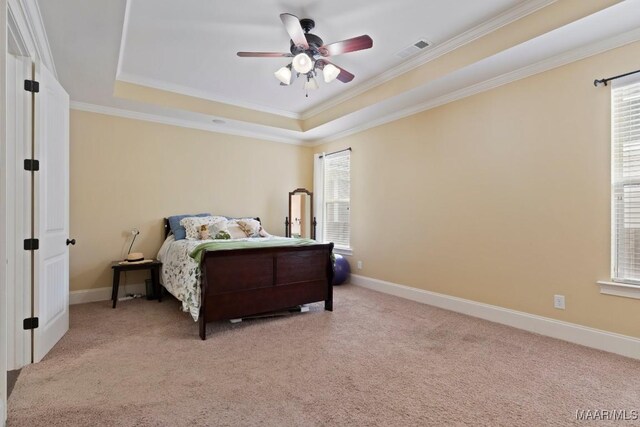 301 Eastgate Dr, Prattville, AL 36066 - bedroom with a raised ceiling, crown molding, light colored carpet, and ceiling fan