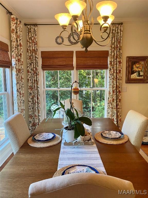 5650 Ash Grove Ct, Montgomery, AL 36116 - dining area with a chandelier, crown molding, plenty of natural light, and wood finished floors