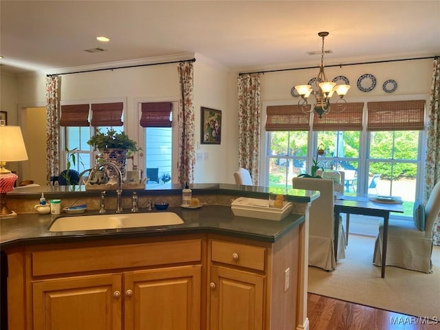 5650 Ash Grove Ct, Montgomery, AL 36116 - kitchen featuring healthy amount of natural light, dark countertops, a chandelier, and wood finished floors