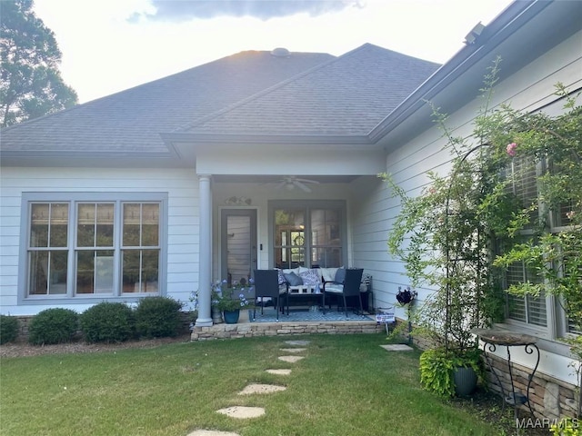 5650 Ash Grove Ct, Montgomery, AL 36116 - view of front of home featuring an outdoor hangout area, a front lawn, a shingled roof, ceiling fan, and a patio
