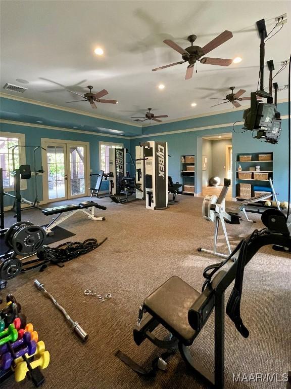 5650 Ash Grove Ct, Montgomery, AL 36116 - workout area with ornamental molding, carpet flooring, recessed lighting, french doors, and ceiling fan
