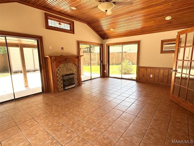 3551 Dalraida Pkwy, Montgomery, AL 36109 - unfurnished living room featuring wood ceiling, tile patterned flooring, lofted ceiling, a wainscoted wall, and a fireplace