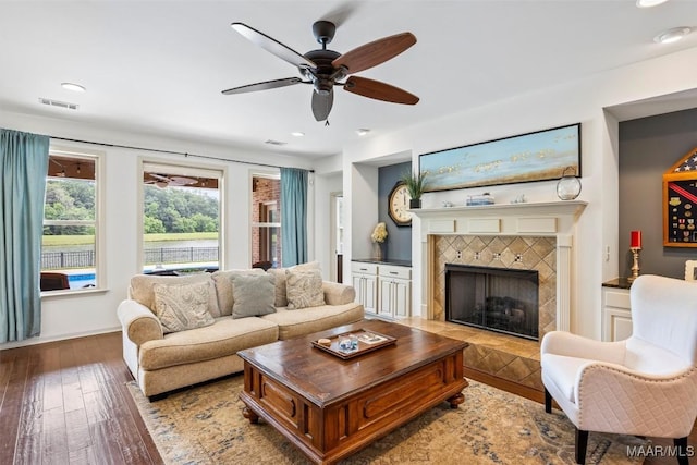 9185 Brenham Ct, Montgomery, AL 36117 - living area with ceiling fan, hardwood / wood-style floors, a fireplace, and recessed lighting