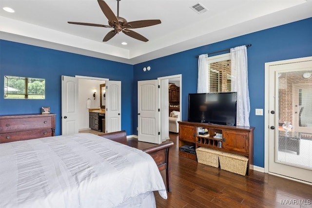 9185 Brenham Ct, Montgomery, AL 36117 - bedroom featuring wood finished floors, ceiling fan, recessed lighting, access to outside, and a raised ceiling