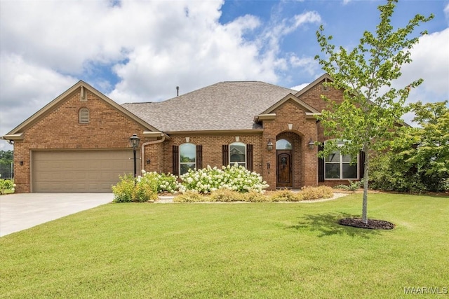 9185 Brenham Ct, Montgomery, AL 36117 - view of front facade with brick siding, an attached garage, driveway, a front yard, and a shingled roof