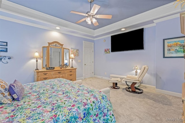 378 Winding Wood Dr, Wetumpka, AL 36093 - bedroom featuring light carpet, crown molding, a tray ceiling, ceiling fan, and recessed lighting