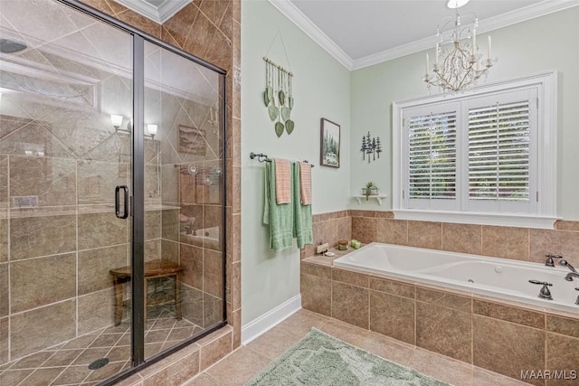 378 Winding Wood Dr, Wetumpka, AL 36093 - bathroom featuring a garden tub, ornamental molding, a shower stall, tile patterned flooring, and a chandelier